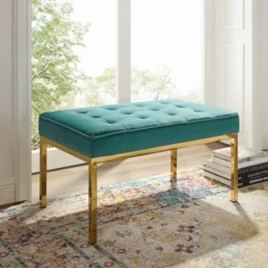 Teal Green Button Tufted Velvet & Gold Linear Base Medium Bench