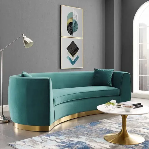 Teal Green Smooth Velvet Vertical Curved Sofa