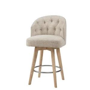 Textured Cream Button Tufted Barrel Style Wood Leg Swivel Stool