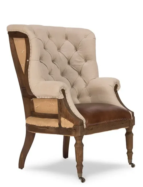 Tufted Linen Vintage Leather & Jute Deconstructed Library Chair