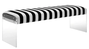Black & White Striped Velvet Bench Flat Acrylic Legs