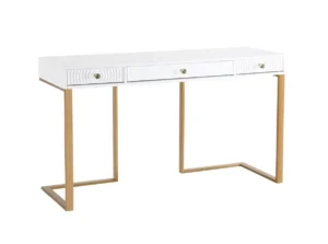White Lacquer Gold Base Swirl Drawer Desk