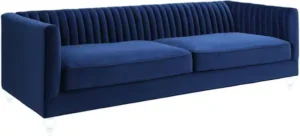 Blue Velvet Pleated Low Back Sofa Acrylic Legs
