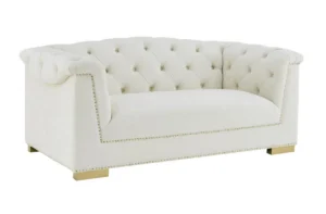 Cream Velvet Tufted Rolled Arm Gold Accents Loveseat