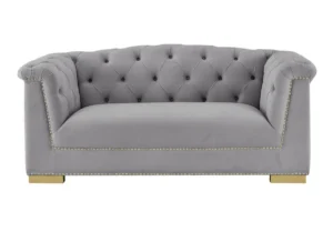 Grey Velvet Tufted Rolled Arm Gold Accents Loveseat