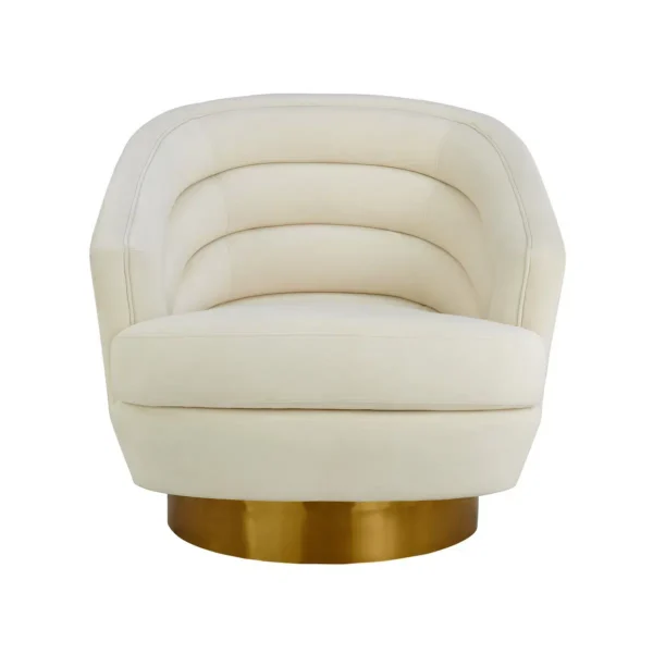 Cream Velvet Piped Stitched Channel Tufted Modern Gold Base Swivel Chair