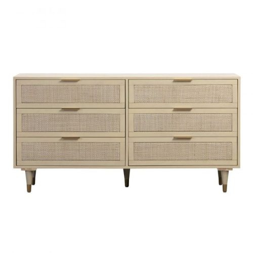 Vanilla Buttermilk Wood Rattan Cane 6 Drawer Dresser