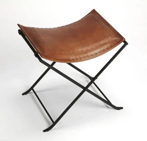 Warm Brown Leather & Black Iron Stool Footstool