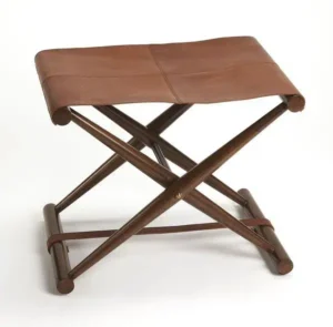 Warm Brown Leather & Wood X Frame Stool Footstool