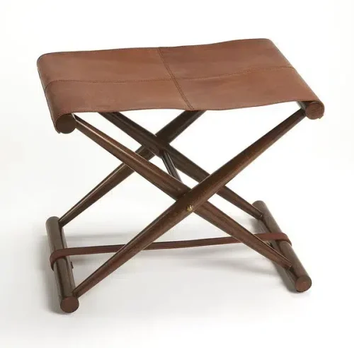 Warm Brown Leather & Wood X Frame Stool Footstool