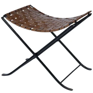 Warm Brown Woven Leather & Black Iron Stool Footstool