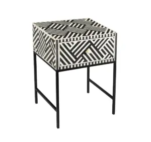White & Black Bone Inlay Geometric Design Square Black Base Accent Side Table
