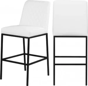 White Faux Leather Diamond Quilted Bar Stool Black Legs Set of 2