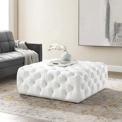 White Faux Leather Totally Tufted Square Ottoman Coffee Table
