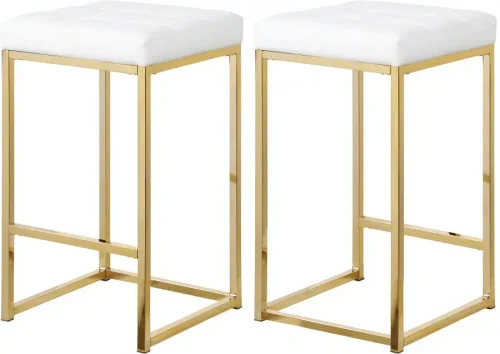 White Faux Leather Tufted Backless Counter Stool Gold Base Set 2