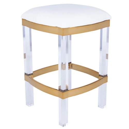 White Leather Gold Metal & Acrylic Leg Backless Counter Bar Stool