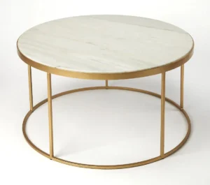 White Marble & Gold Metal Base Round Mid Century Coffee Table