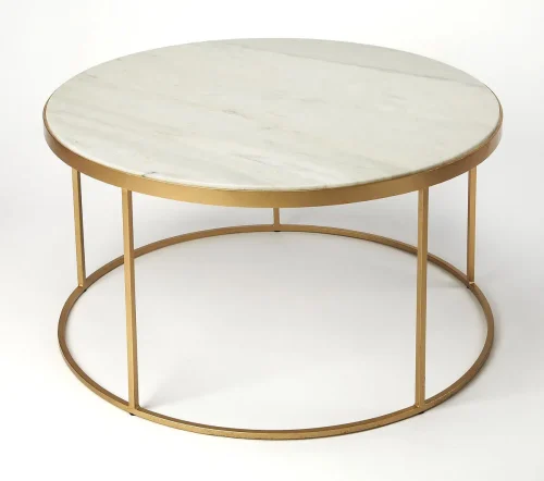 White Marble & Gold Metal Base Round Mid Century Coffee Table