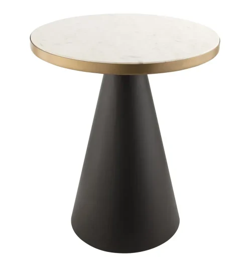 White Marble Round Top Black Metal Cone Base Accent Table