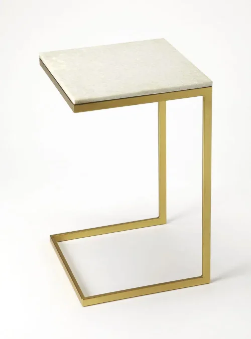 White Marble Top Gold Base C-Shape Accent Table