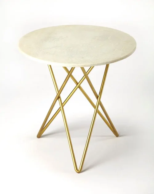 White Marble Top Gold Paperclip Base Mid Century Modern Side Table