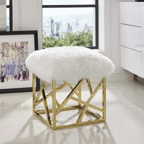 White Sheepskin Ottoman Footstool Gold Geometric Base
