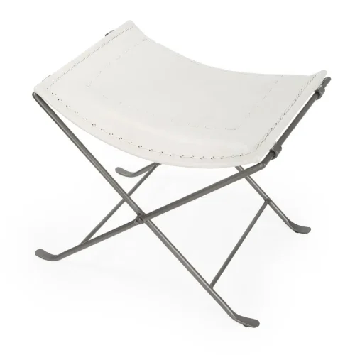 White Stitched Leather & Silver Iron Stool Footstool