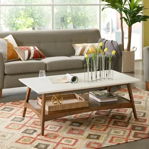 White Top Wood Mid-Century Coffee Table with Shelf