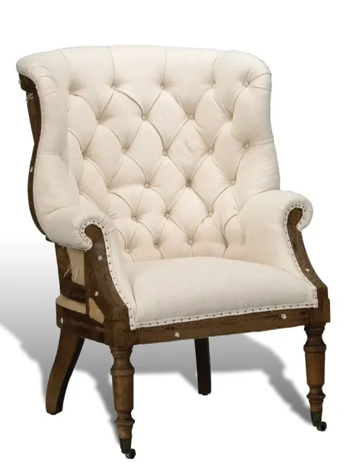 White Tufted Linen & Jute Deconstructed Library Chair