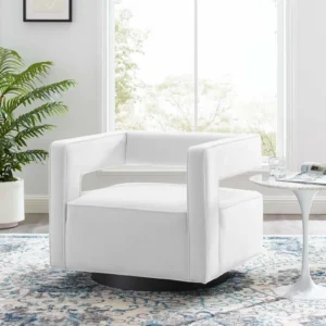 White Velvet Swivel Square Cut Back Lounge Chair