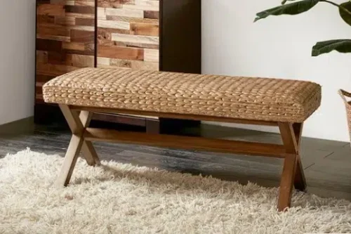 Woven Water Hyacinth & Mahogany Seaside Bench