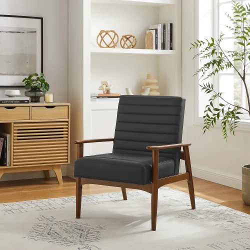 Black Vegan Leather Wood Contemporary Accent Chair