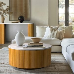 Wood & Faux Marble Top Round Coffee Table