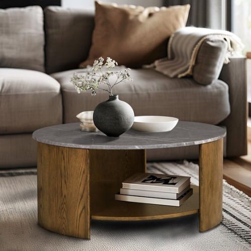 Wood & Grey Faux Marble Round Coffee Table with Shelf