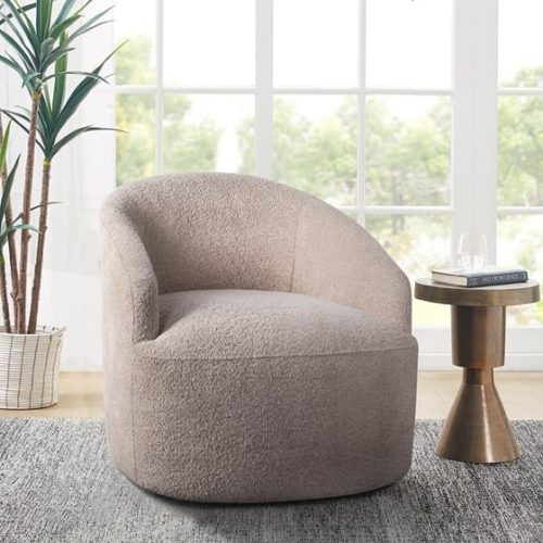 Beige Boucle Sloped Arm Swivel Chair
