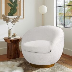 Cream Shearling Sherpa Swivel Chair with Wood Base