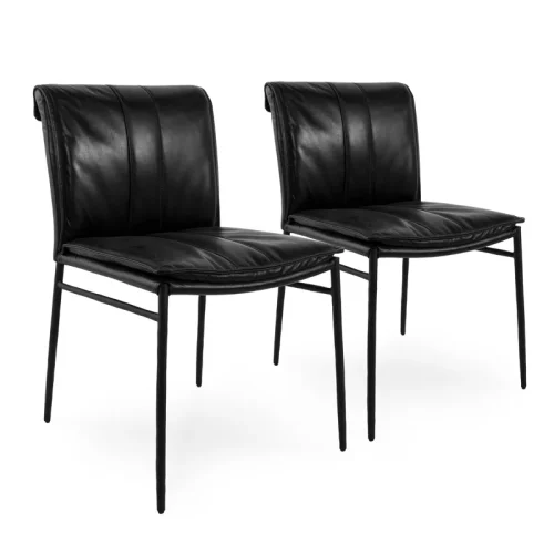 Black Leather Rolled Back Black Iron Dining Chair Set 2