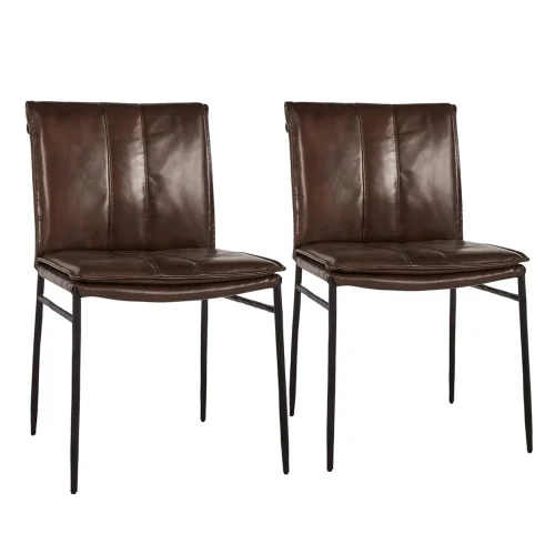 Dark Brown Leather Rolled Back Black Iron Dining Chair Set 2