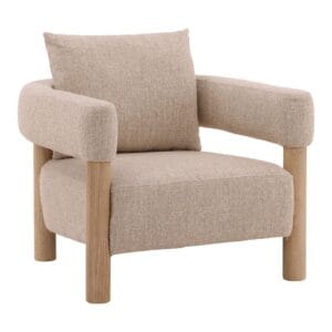 Beige Fabric Natural Rubberwood Curved Back Accent Chair