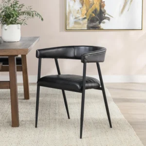 Stitched Black Leather & Black Iron Dining Chair Set 2