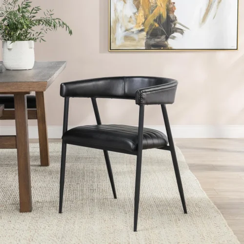 Stitched Black Leather & Black Iron Dining Chair Set 2