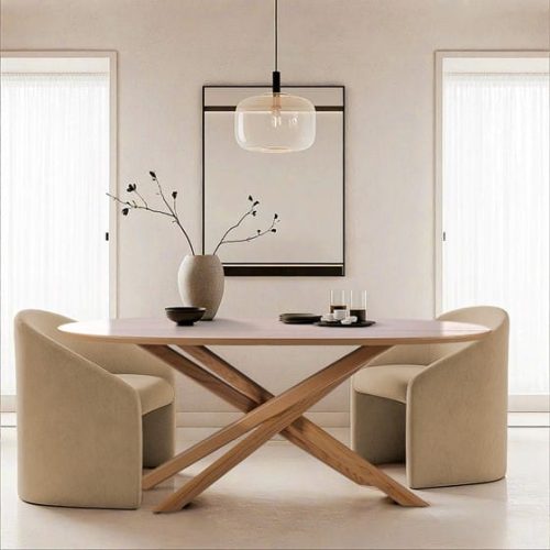 X Base Natural Solid Wood Large Oval Top Dining Table