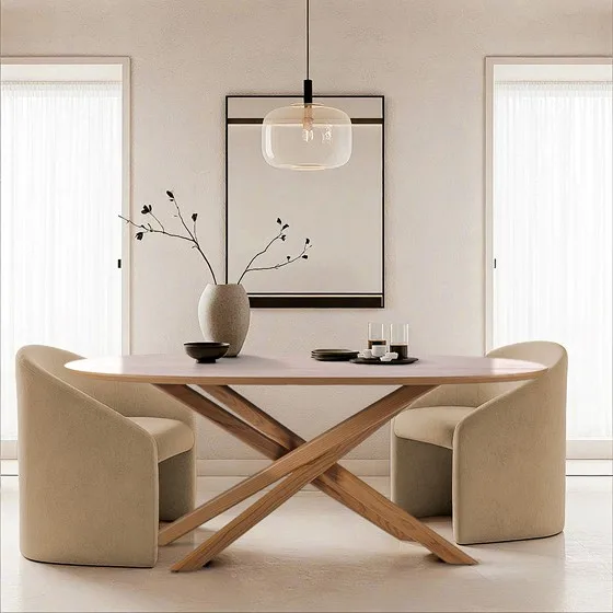 X Base Natural Solid Wood Large Oval Top Dining Table