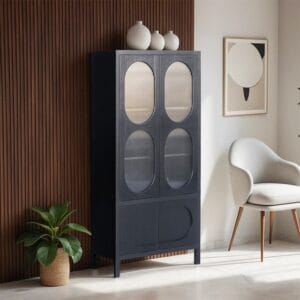 Black Reclaimed Pine Sleek Glass Door Cabinet