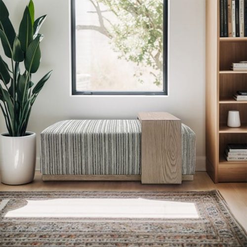 Wood Block Coffee Table Striped Tweed Fabric Ottoman