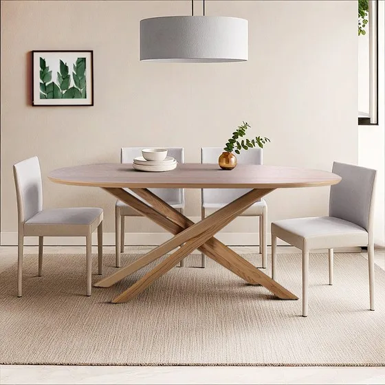X Base Natural Solid Wood Large Oval Top Dining Table - Image 2