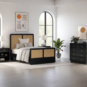 Black Wood & Rattan Queen Bed