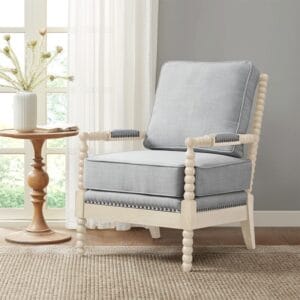 Light Blue Grey Fabric Antique Cream Wood Spindle Armchair