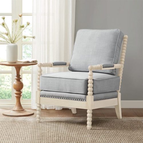 Light Blue Grey Fabric Antique Cream Wood Spindle Armchair