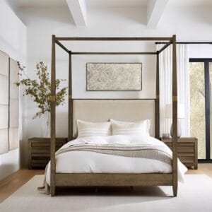 Brown Wood & Fabric Canopy Queen Bed